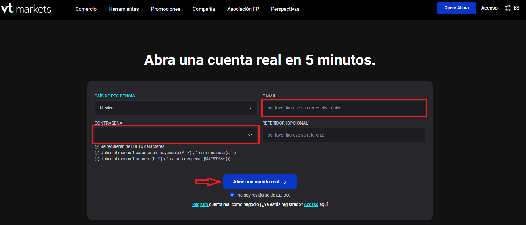 Registro en VT Markets