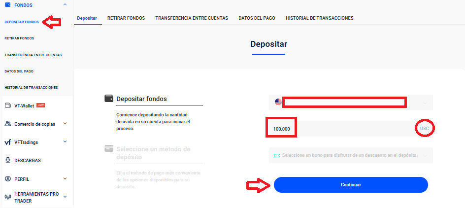 Depositar fondos en VT Markets