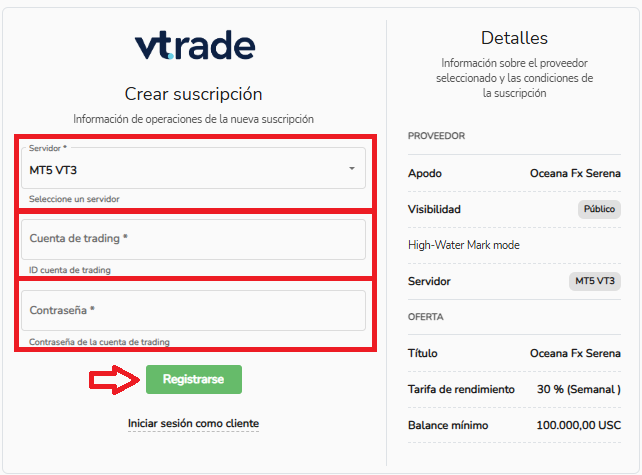 Suscripción a Serena en VTrade