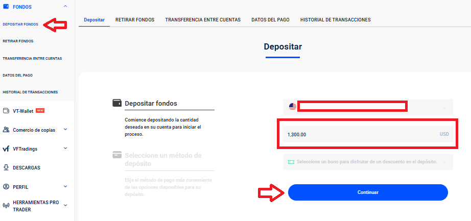 Depositar fondos en VT Markets